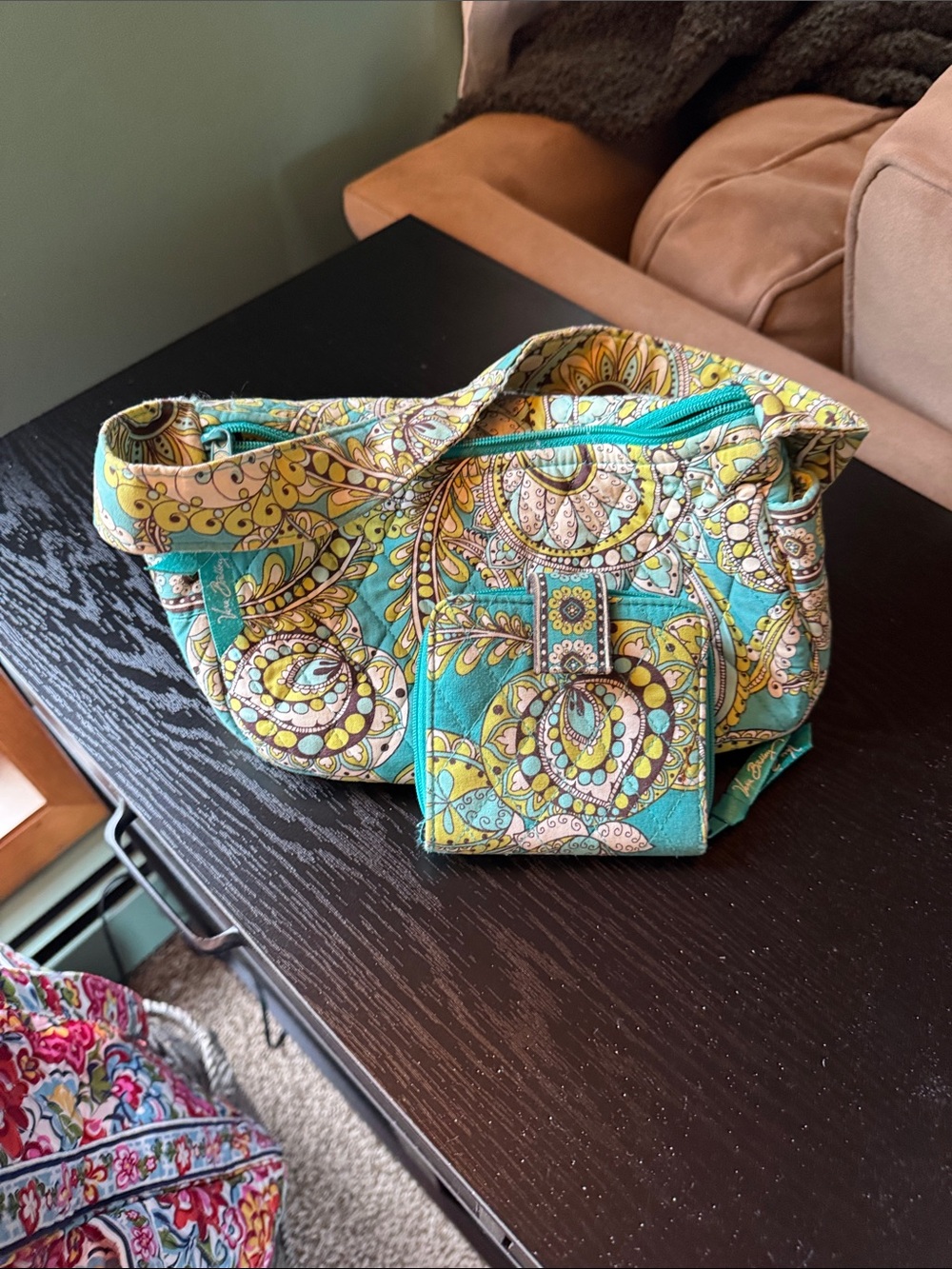 Turquoise Paisley Quilted Wristlet Bag and wallet